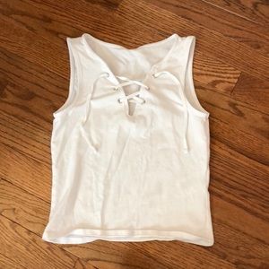 White slightly cropped tie front tank top